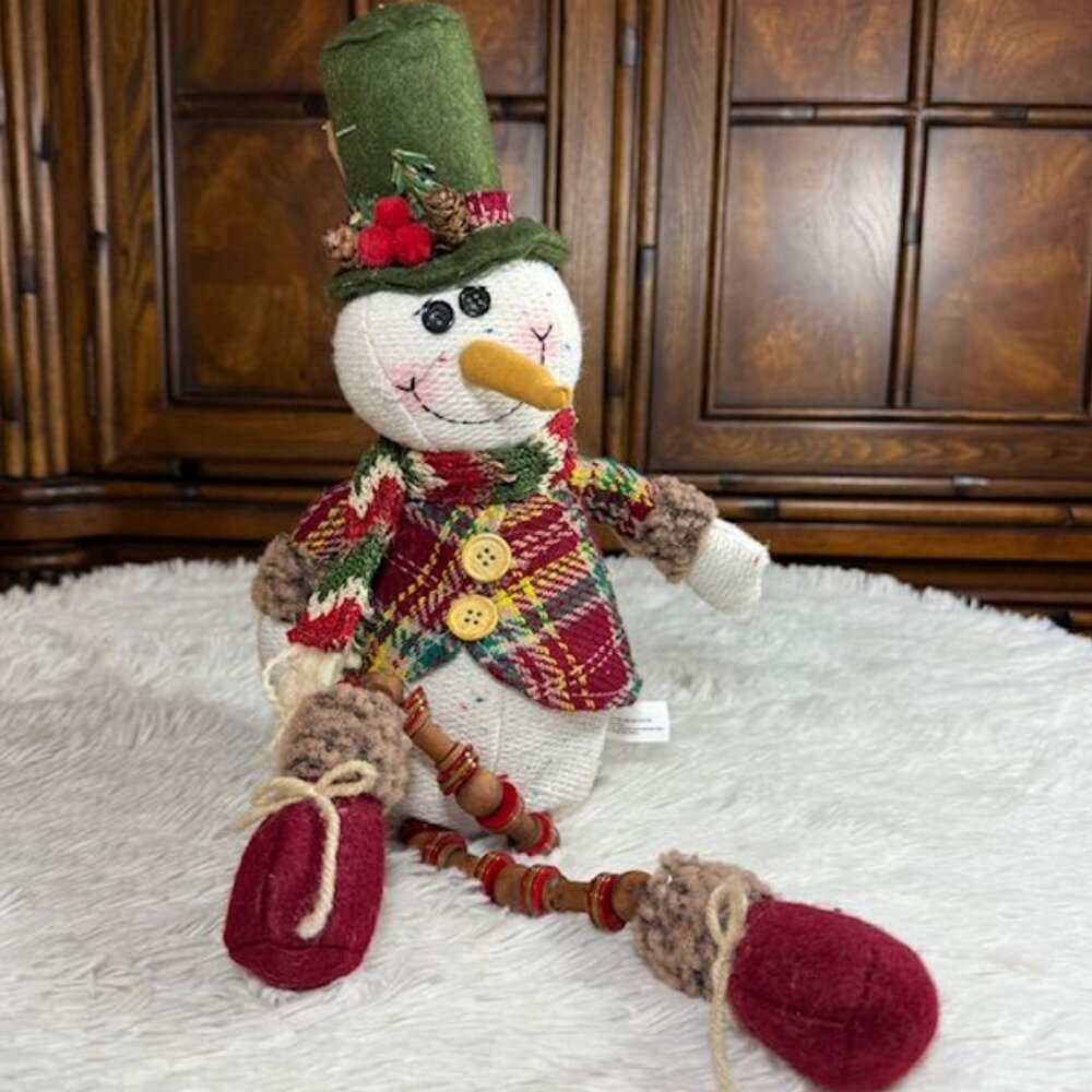 Vintage Hanna's Handiworks Plaid Coat Posing Arms Wood Bead Legs Sitting Snowman